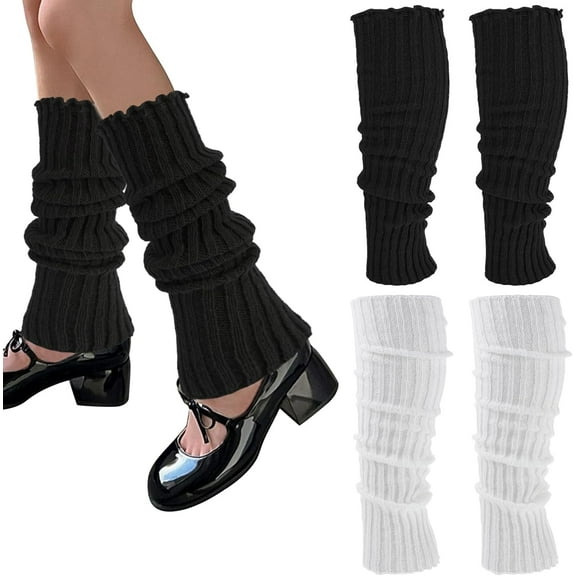 Leg Warmers, 2Pairs Kawaii Knit Stretchy Leg Warmer for Women Leg Sculpting, Fall/Winter Womens Leg Sleeves Y2k Fashion Kawaii Accessorie (Black&White)