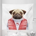 thumbnail image 1 of Pug Tapestry, Red Vest and Christmas Sweater on a Dog Hand Drawn Animal Fun Image, Fabric Wall Hanging Decor for Bedroom Living Room Dorm, 5 Sizes, Pale Brown Red White, by Ambesonne, 1 of 1