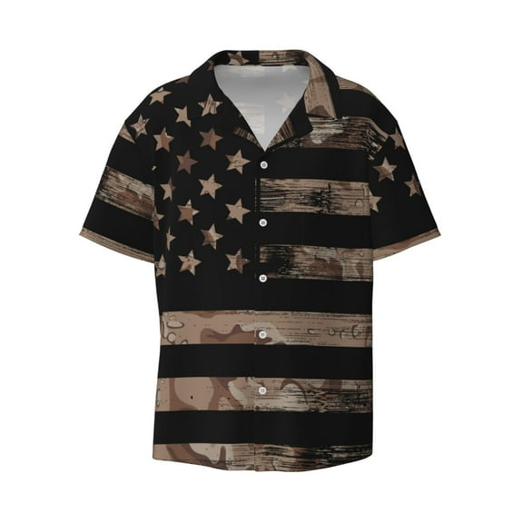 Kuqiui American Flag with Desert Camouflage Print Men's Button Down Shirts Short Sleeve Casual Shirts Hawaiian Shirts Vacation Wedding Shirts with Pocket-4X-Large