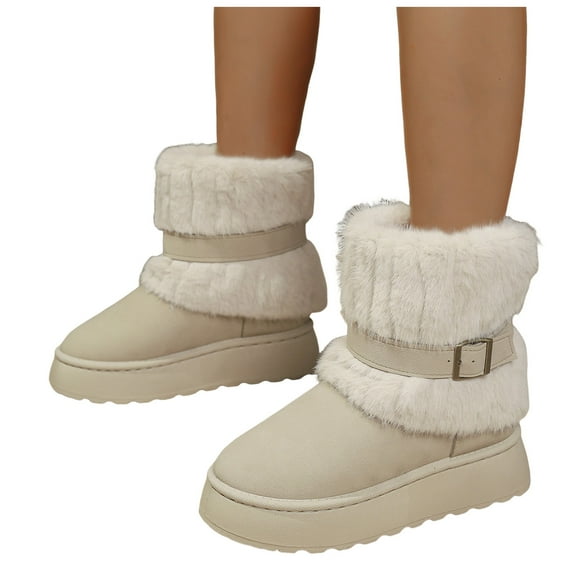 Platform Snow Boots for Women Suede Cozy Plush Fold Over Slip on Winter Mid Calf Booties with Ankle Strap Beige Size 8.5