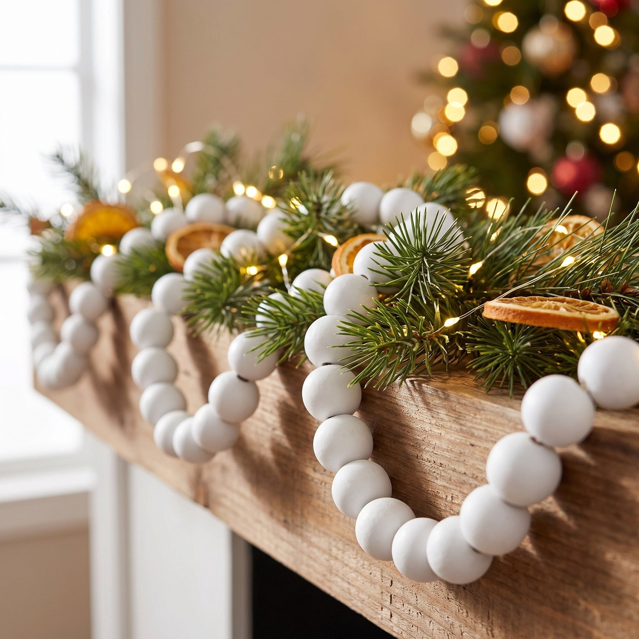 Wood Bead Christmas Garland, White, 9', by Holiday Time