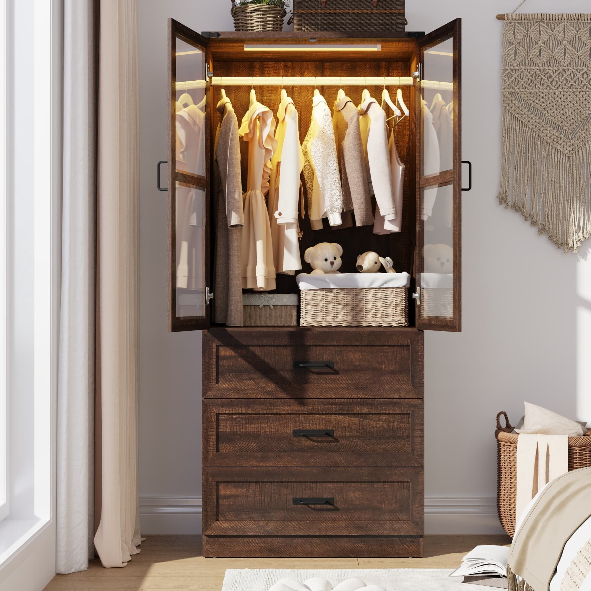 2 Glass Doors Armoire Wardrobe Closet with 3 Drawer & LED Light,75"H Wardrobe Closet Clothing Organizer with Hanging Rail for Bedroom
