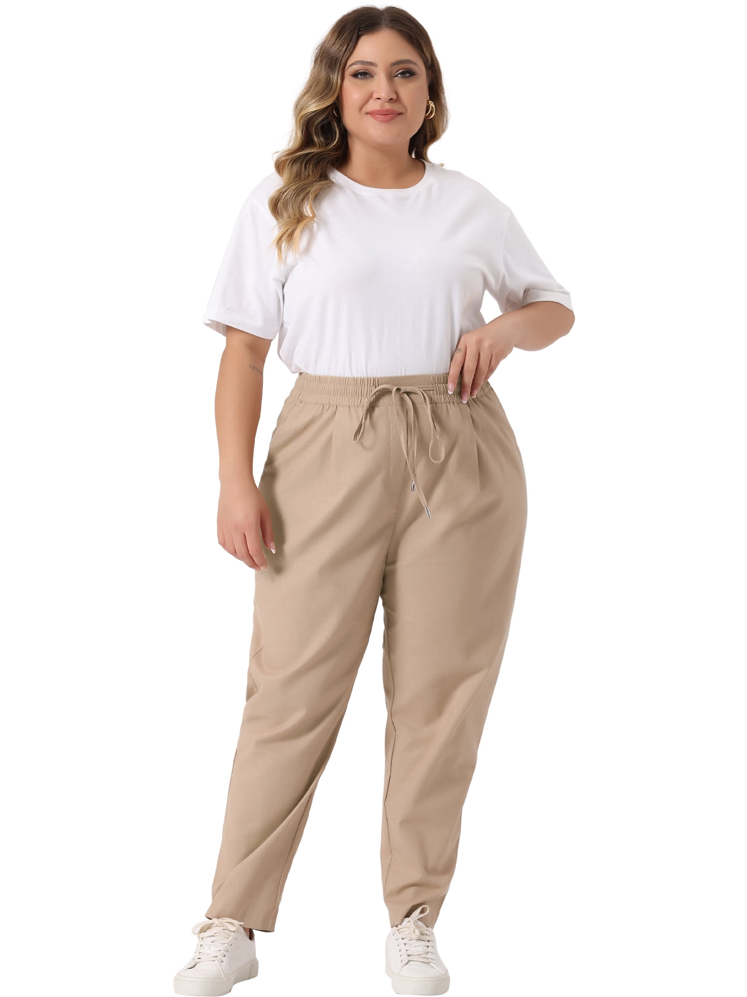 DARING DIVA Women's Plus Straight Leg Elastic Loose Pockets Trousers Khaki 3X