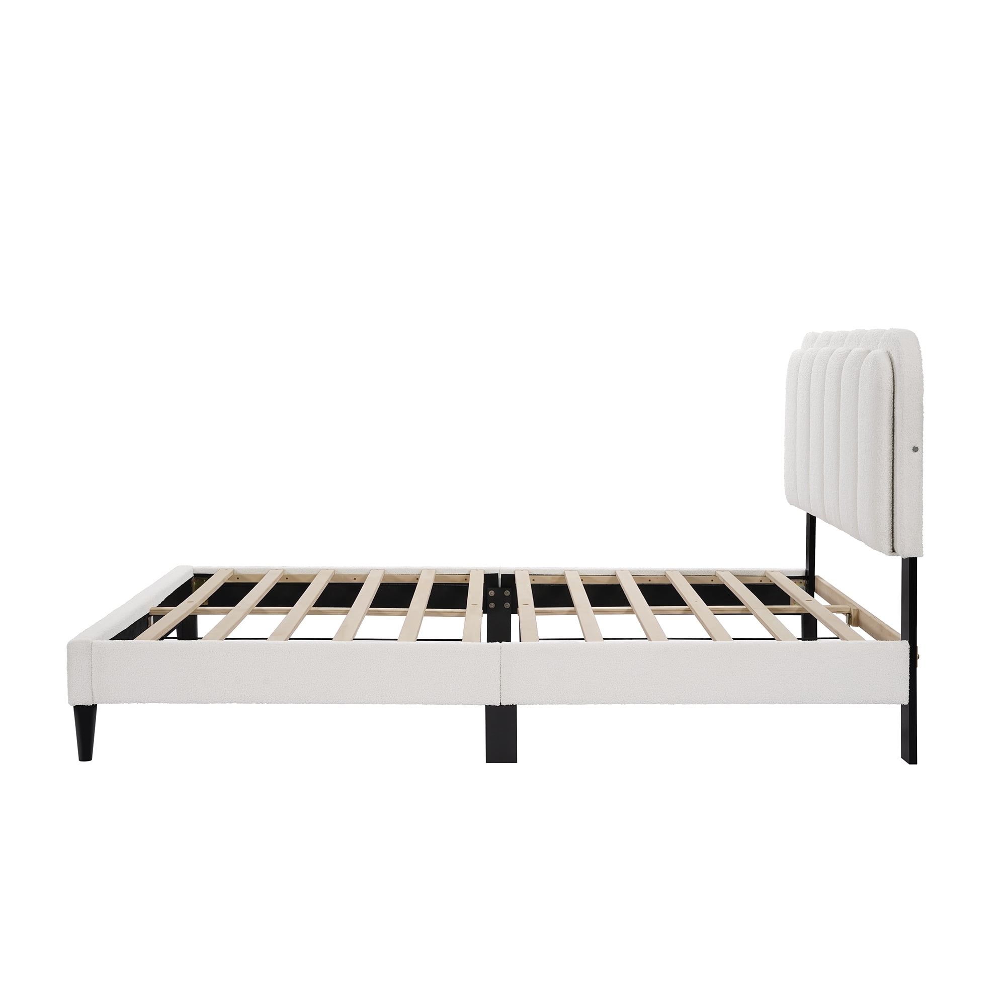 Mintazer Full Size Upholstered Platform Bed Frame with Scalloped Tufted Headboard and LED Light, Boucle Bed for Bedroom, No Box Spring Needed, White