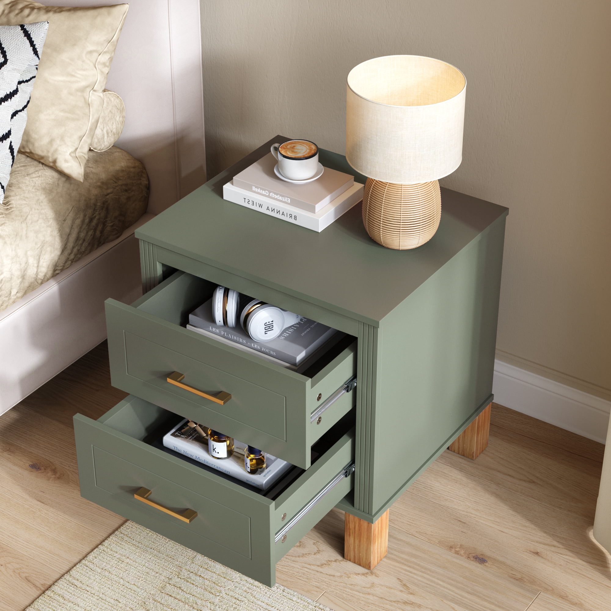 Leumius Nightstand for Bedroom,Wood Bedside Table with 2 Drawer & Solid Wood Legs,Small Storage Cabinet for Living Room,Olive