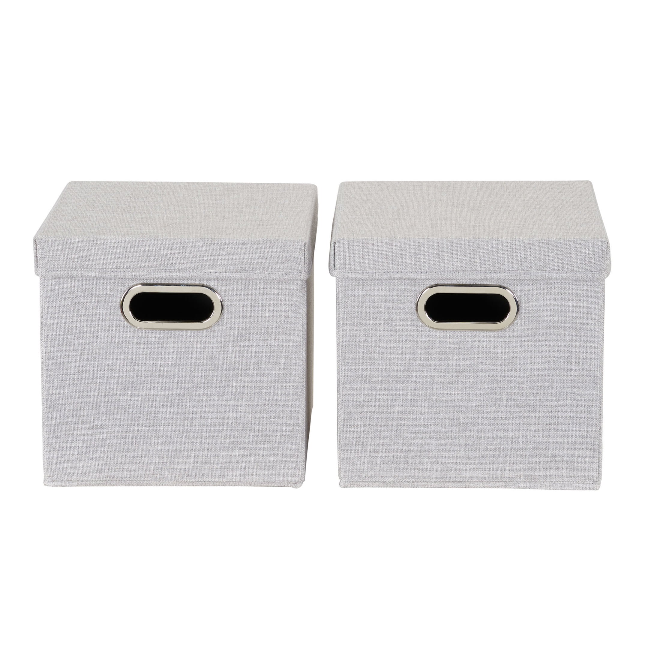 Household Essentials Storage Bins with Lids and Chromed Grommet Handles, Set of 2, Light Gray Textured Linen Look, Fits Standard Cube Shelves