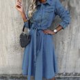 thumbnail image 4 of Vestido Vestido largo casual con cuello de solapa Vestido de mujer de manga larga con bolsillos Traje diario Ygjytge Azul T XXL para Mujer, 4 of 6