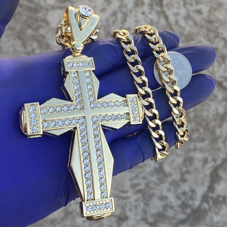 Hip Hop Punk Cross Necklace - Large Gold Rhinestone Pendant On Rope Chain For Men & Women 2 thumbnail image