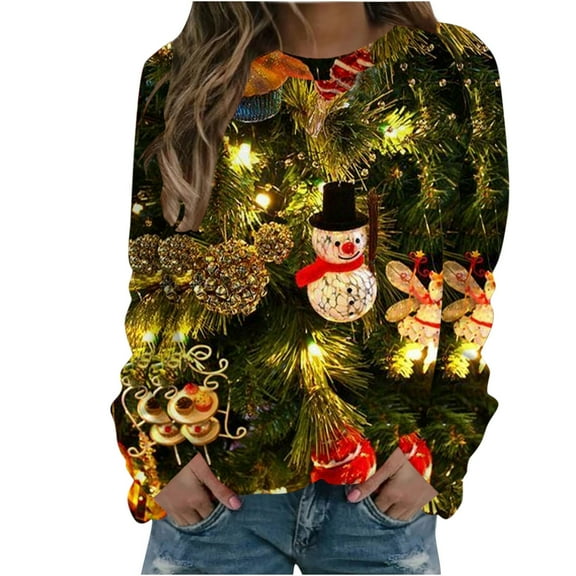 GA WEIHUA Christmas Shirts for Women Sequins Xmas Tree Snowmen Tops Glitter Crew Neck Pullover Long Sleeve Tunic Tshirts(Gold,Small)