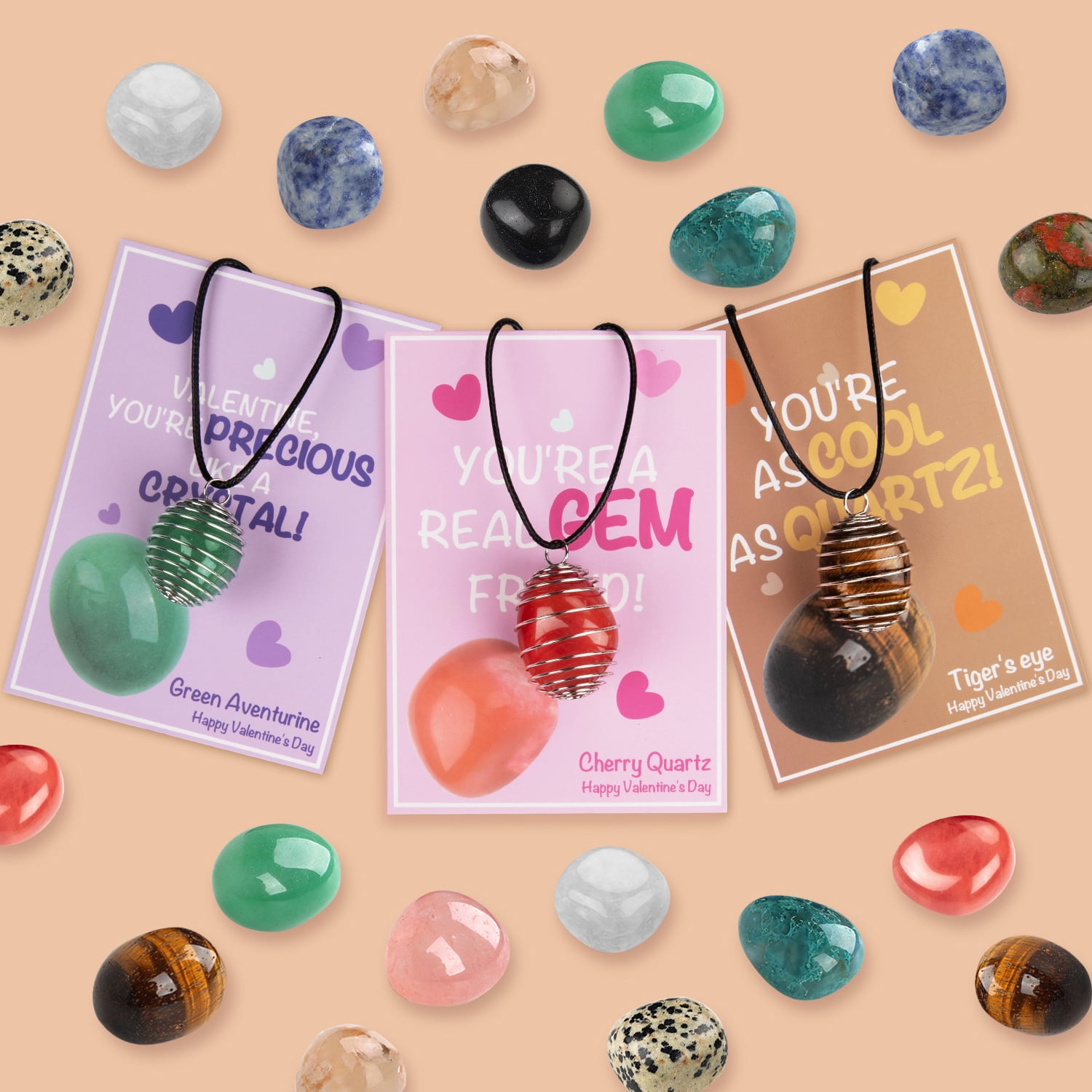 24 Sets Natural Gemstone Crystals Rocks Minerals Necklace Bulk, Exchange Card for Kids Girls Boys Class Classroom Party Favors