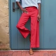 thumbnail image 4 of Pantalones capri de lino de cintura alta y pierna ancha para mujer - Pantalones casuales de negocios con bolsillos - Lisos/estampados, S-2XL, 4 of 8