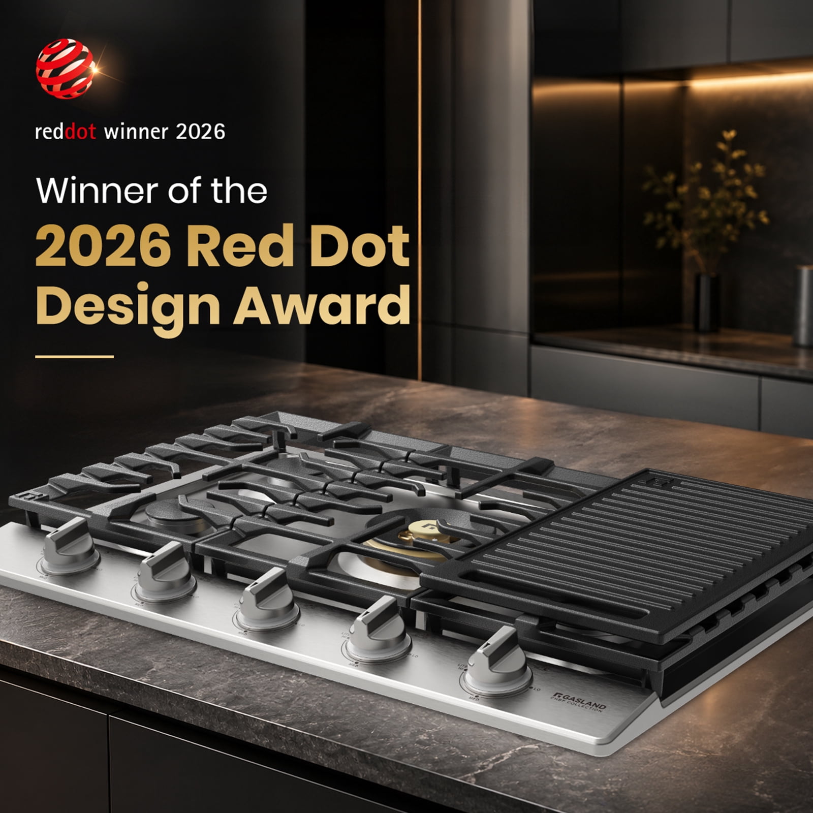 GASLAND Chef Collection GH4305SF 35-Inch 5-Burner Built-in Gas Cooktop with Griddle, NG/LPG Convertible, Stainless Steel