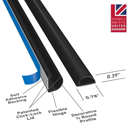 D-Line Black Half Round Cord Cover Pack, 0.78x0.39in, 4x 39in Lengths