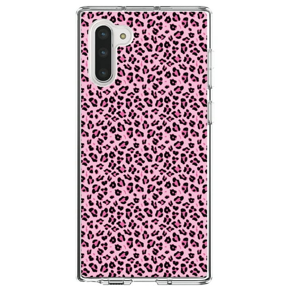 DistinctInk Clear Shockproof Hybrid Case for Samsung Galaxy Note 10 (6.3" Screen) - TPU Bumper, Acrylic Back, Tempered Glass Screen Protector - Black Pink Leopard Skin Spots