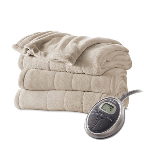 Sunbeam Channeled Velvet Plush Electric Heated Blanket Twin Sand