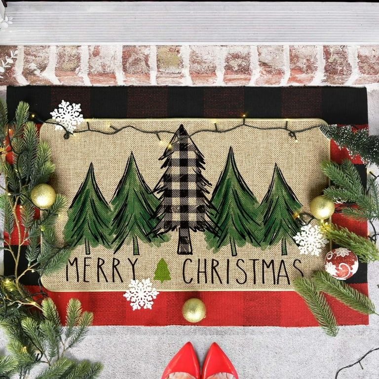 ARTDMT Merry Christmas Welcome Decorative Doormat, Winter Seasonal Door Mat  Christmas Holiday Low-Profile Floor Rug Switch Mat for Indoor Outdoor 17 x