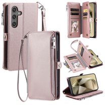 For Samsung Galaxy A16 5G Crossbody/Shoulder Strap Case Wallet Card Holder RFID Blocking Magnetic Closure PU Leather Flip with Wrist Strap Zipper Credit Card Slots Shockproof Cover, Rosegold