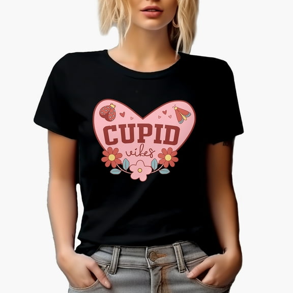 Cupid Vibes with Flowers & Lady Bug, Retro Valentine's Day or Valentine Gift, Black T-Shirt, Small