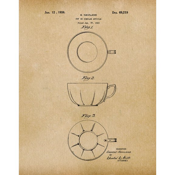 Original Tea Cup Artwork Submitted In 1926 - Kitchen - Patent Art Print