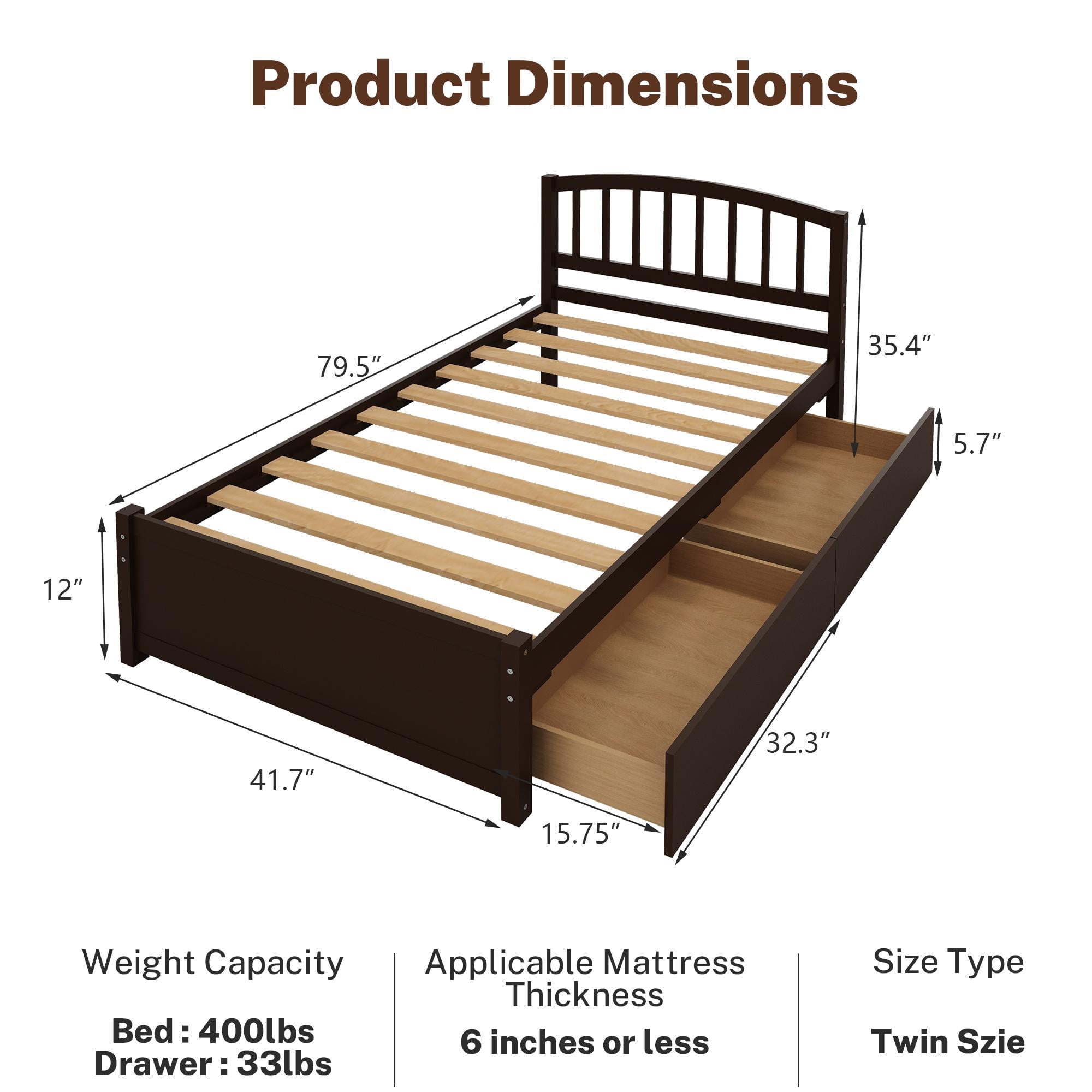 PAPROOS Wood Platform Bed with Storage, Twin Size Bed Frame with 2 Drawers, No Box Spring Needed, Espresso