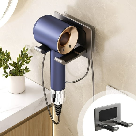 Soporte de pared para secador de pelo | Organizador de secador de baño sin taladro | Soporte plegable para almacenamiento | Ajuste universal | Ganchos laterales para joyería | Plástico | Blanco