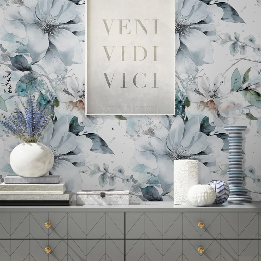 Ice Blue White Large Hyacinth Floral Green Leaf Peel and Stick Wallpaper Wall Decor Self Adhesive Wall Paper Stick on Easy Peel Off Contact for Renter Apartment