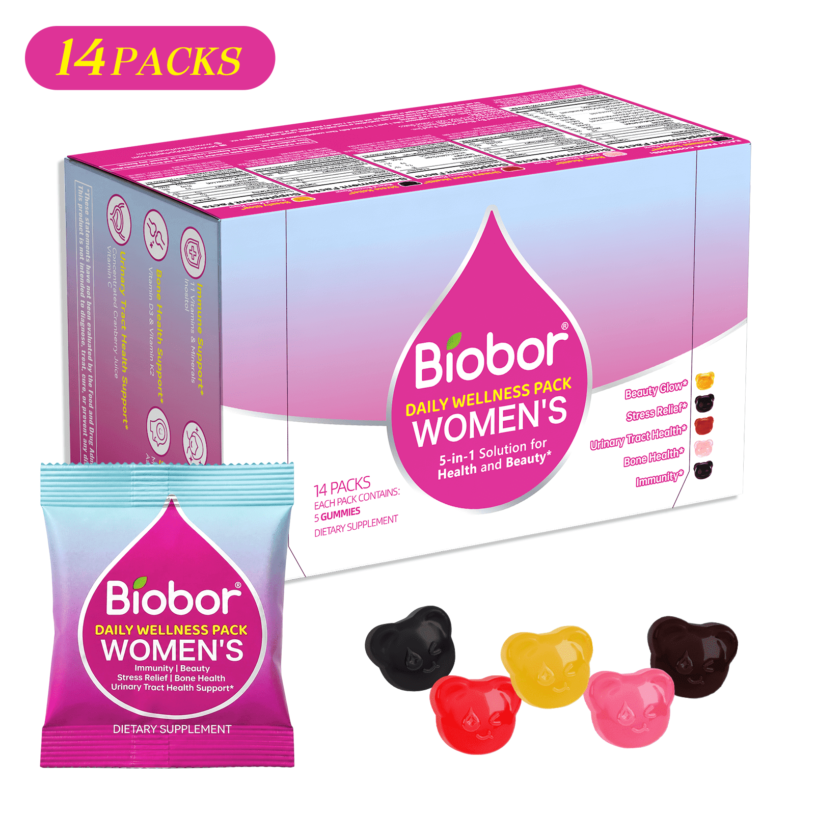 Biobor Women's Daily Nutrition Gummy Pack, 5 in 1 Multivitamin Wellness for Bones/Immunity Support/Stress Relief/Beaty Glow