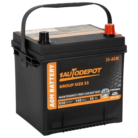 1AUTODEPOT BCI Group 35 Battery, AGM 12 Volt 650 CCA 55Ah 100RC Rechargeable Automotive Batteries for Car, Maintenance Free