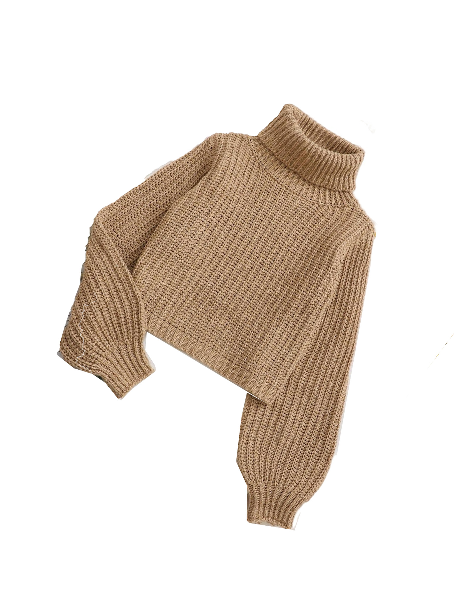 Casual Solid High Neck Pullovers Long Sleeve Khaki Girls Sweaters (Girl