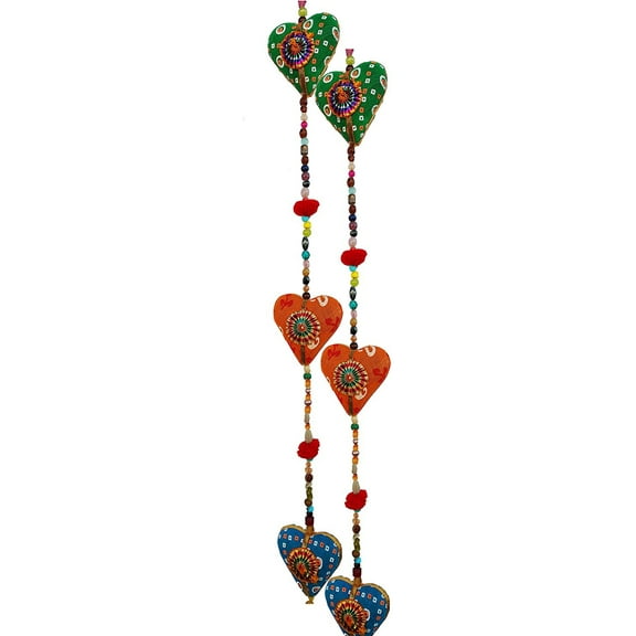 Rastogi Handicrafts Cotton Multi Color Heart 2 Layer Door Hanging Decoration Beads and Bell Size - 43"