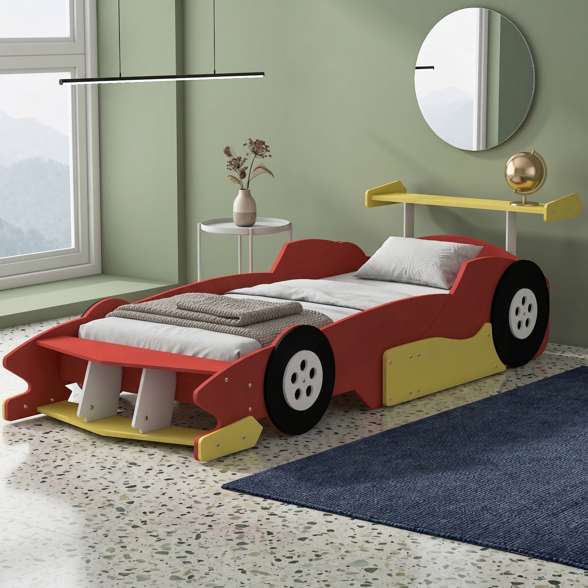 Gretop Twin Size Race Car-Shaped Platform Bed with Wheels
