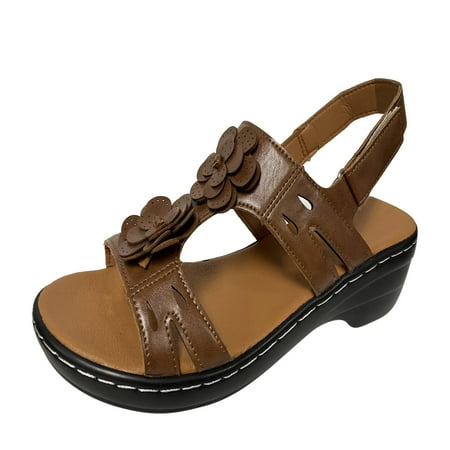 

Pgeraug womens slippers Ladies Summer Fashion Multicolor Flower Round Toe Hook&Loop Platform Sandals mens slippers Brown 38