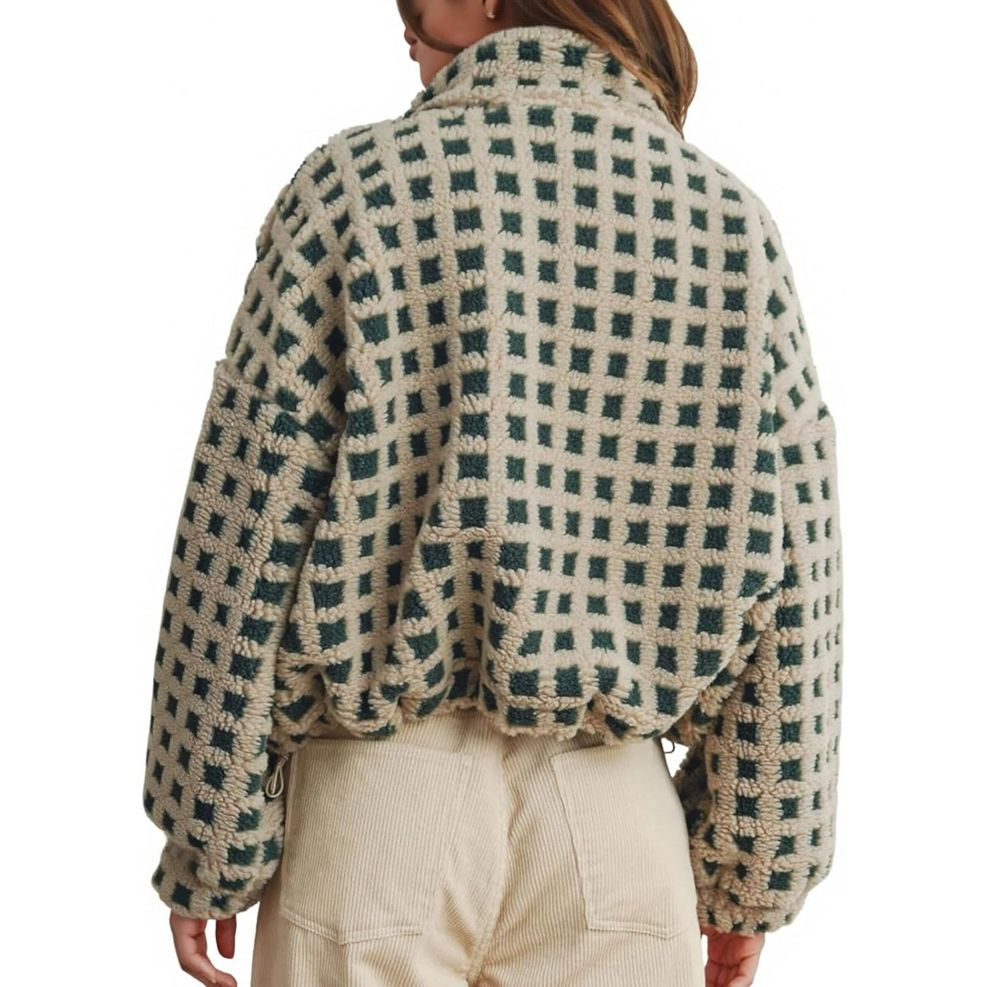 Womens Checkered Sherpa Jacket Cropped Fleece Plaid Jacket Casual Zip Up Warm Coat Winter Fuzzy Outwear with Pockets
