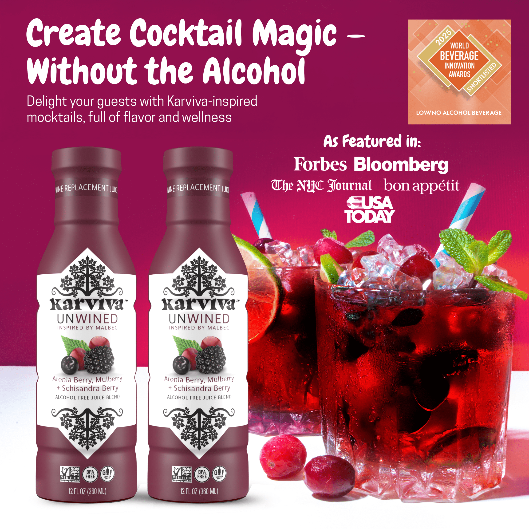 Karviva Unwined Non-Alcoholic Wine, Organic Malbec Alternative, 4-Pack, 12 fl oz, Low-Sugar, Sulfite-Free, Herbal Antioxidant Blend, Perfect for Mocktails & Cocktails