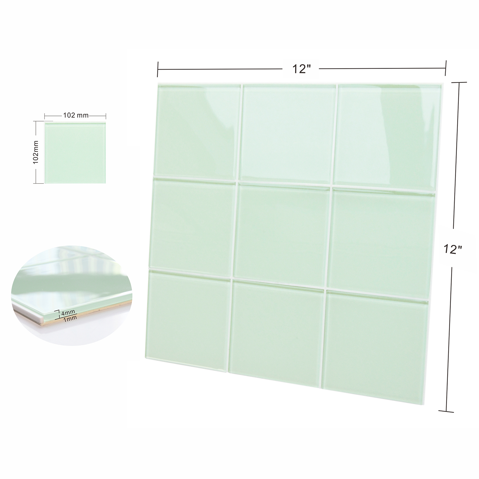 Peel And Stick Glass Tile, 12'' X 12'' Square Mosaic Glass Backsplash Stick On Wall Tiles for Kitchen Bathroom (5 Sheets, Green)