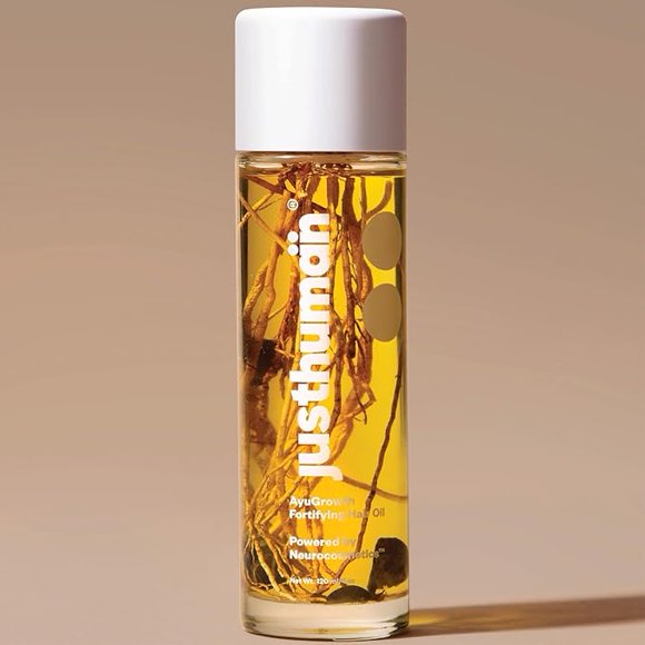Justhuman AyuGrowth Fortifying Hair Oil | Amla, Brahmi, Bhringraj, Vertiver root & Ayurvedic | Clinically Proven 18-Oil blend |Reduces Hair Fall & breakage | Strengthens roots | 120ml