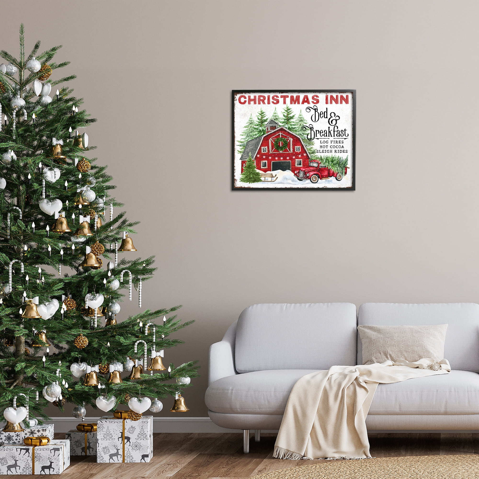 Stupell Industries Christmas Inn Shop Holiday Painting Black Framed Art Prints Wall Art, 30 x 24