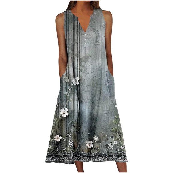 Puliio Tank Dress for Women Summer Notch Neck Floral Print Loose Casual Beach Midi Dress with Pockets