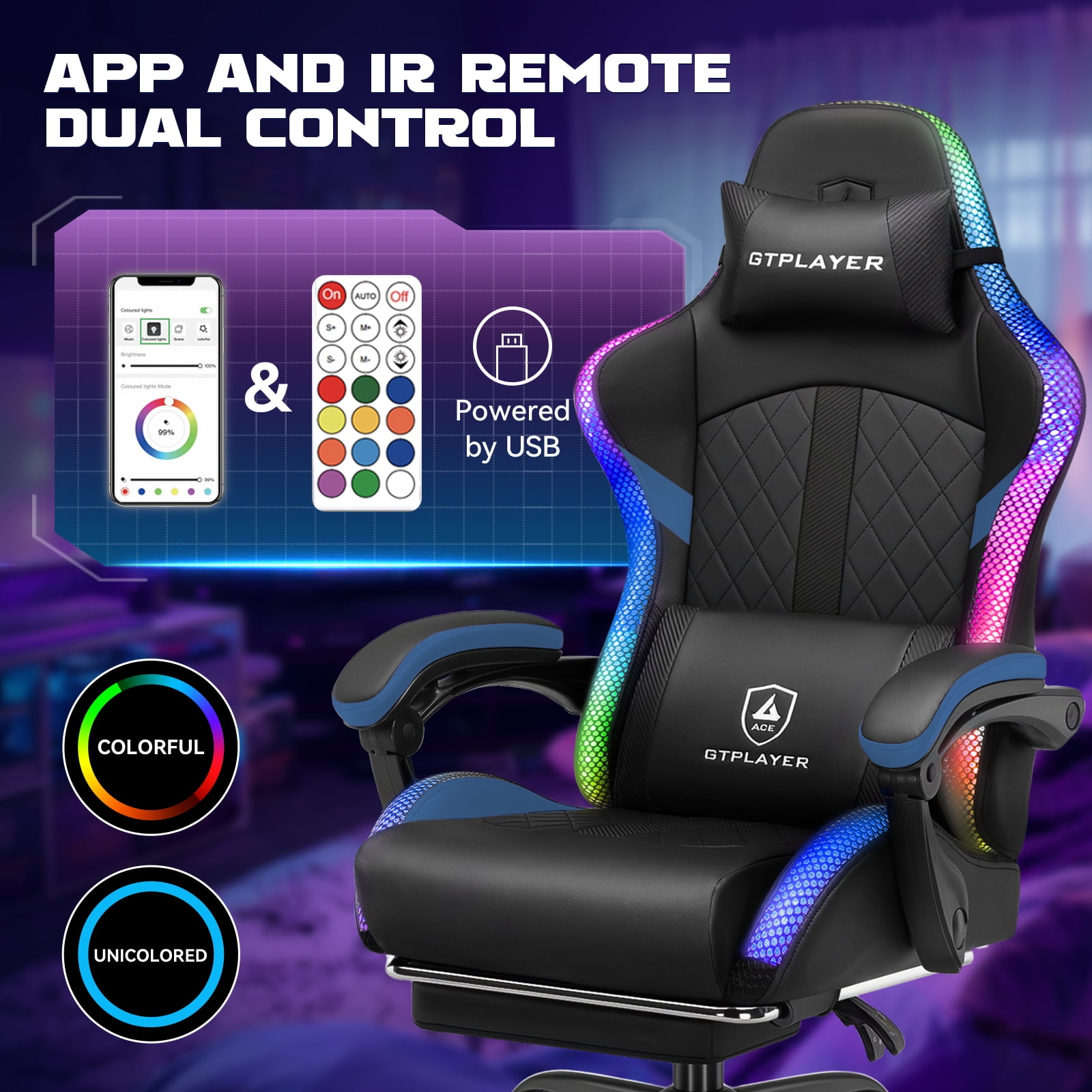 GTPLAYER RGB Gaming Chair with Speakers, Computer Gamer Chair with Footrest and LED Lights, Blue