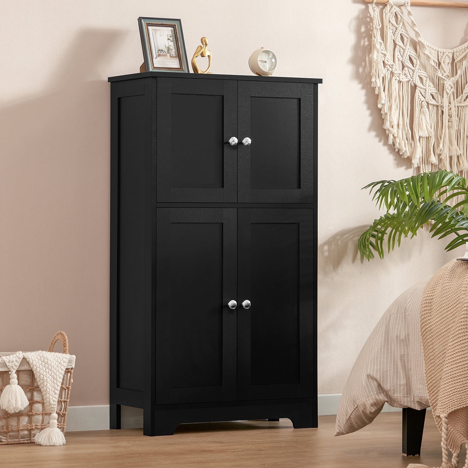 TEENFON Black Storage Cabinet with 2 Adjustable Shelves & 4 Doors, Freestanding Bathroom Storage Cabinet, Cupboard, Floor Cabinets for Living Room, Entryway, Home Office