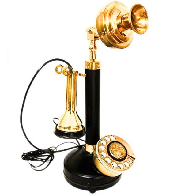 Teléfono tipo candelabro negro y latón réplica modelo antiguo