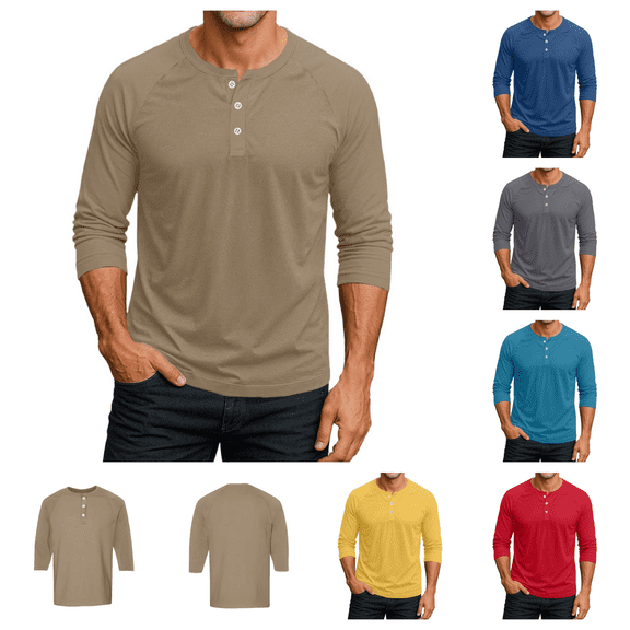 Mens Cotton 3/4 Sleeve Button Down Henley Shirts, Solid Color Casual Baseball Jersey Tees, Fall Summer Sport Athletic Daily Tops Light Brown L