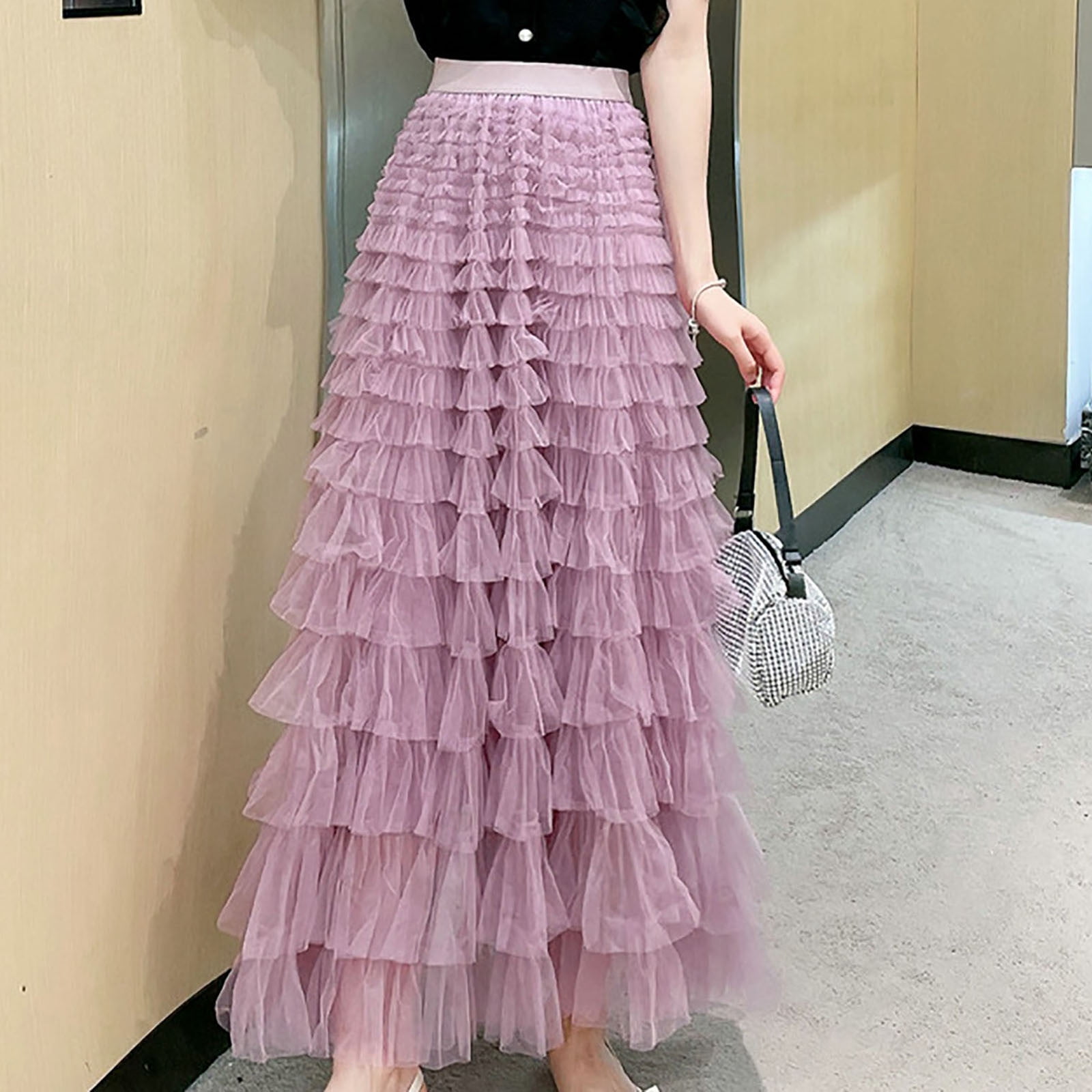 Maxi Skirts for Women Elastic Waist Tulle Midi Skirt Women's