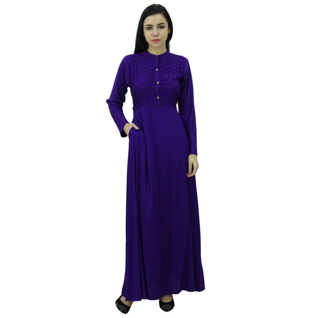 Bimba Women's Mandarin Collar Plain Jilbab Dress With Pockets Full Sleeve Maxi