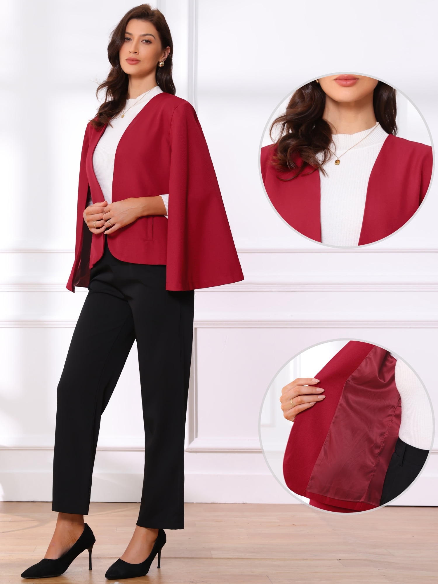 DARING DIVA Women's Cape Sleeve Business Work Open Front Casual Jacket Coat S Red