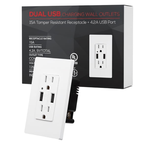 4.2A USB Wall Outlet Fast Charge, 15A Tamper-Resistant Receptacles Socket USB Outlets, UL-listed Dual High, Speed Charger USB Electrical Outlets, Wall Plate Included, White