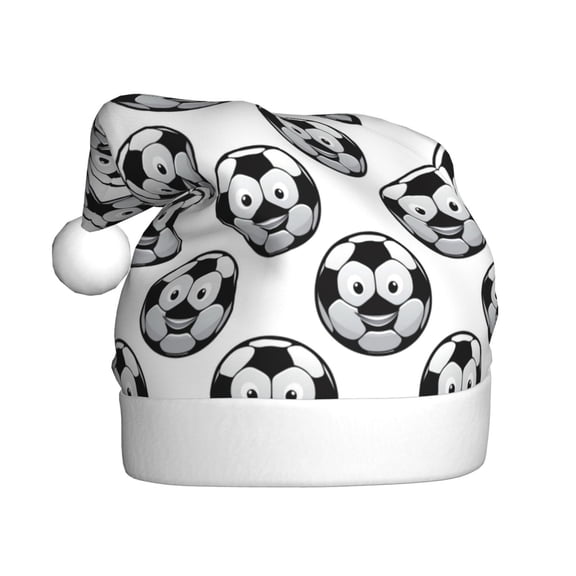 Fuzoiu Happy Soccer Print Santa Hat Christmas Hat for Adults,Santa Hats with Pompom, Unisex Xmas Holiday Hat for Christmas New Year Festive Party Supplies