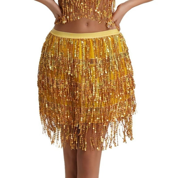 VUPSGEZ Sequin Fringe Women's Nightclub Skirt Skirt Stage With Sparkly Sparkly Costume Fashion Skirt (Gold,M)