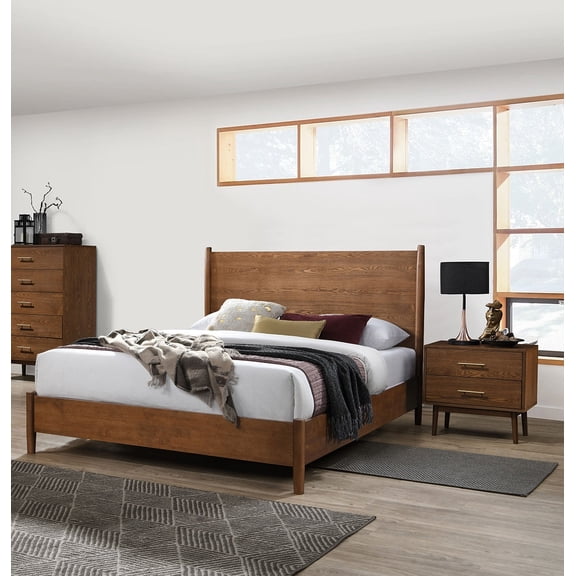 Bedroom Furniture 3pc Set Queen Size Bed Storage 2x Nightstands Walnut Solidwood Mid-Century Modern Style