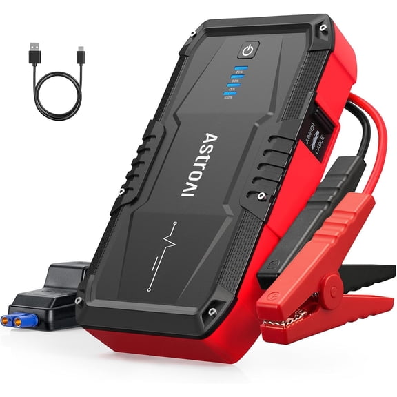 AstroAI S8 Car Battery Jump Starter, Car Jumper Starter Battery Pack for Up to 6.0L Gas & 3.0L Diesel Engines, 12V Portable Jump Box with 3 Modes Flashlight and Jumper Cable (Red)